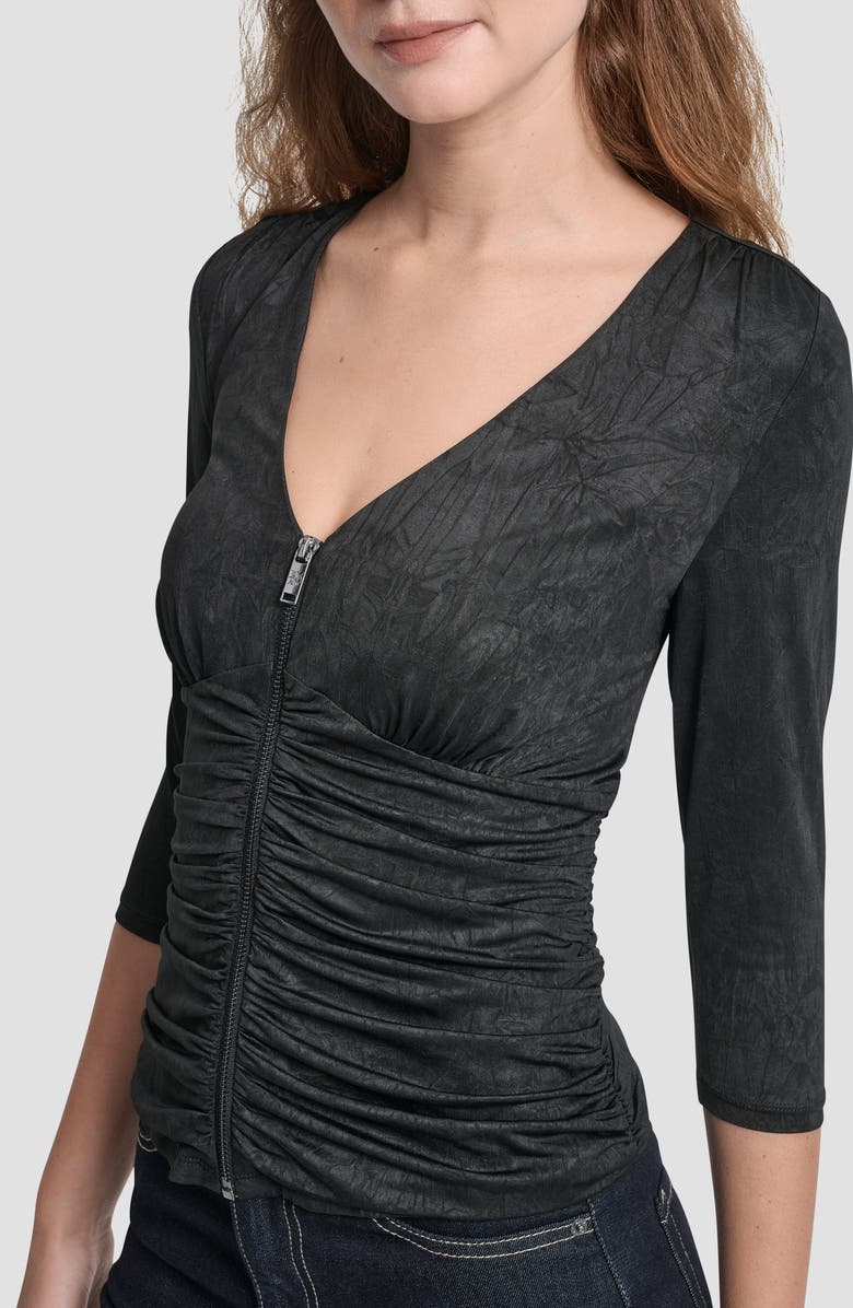 DKNY Ruched Knit Zip-Up Top, Alternate, color, Black