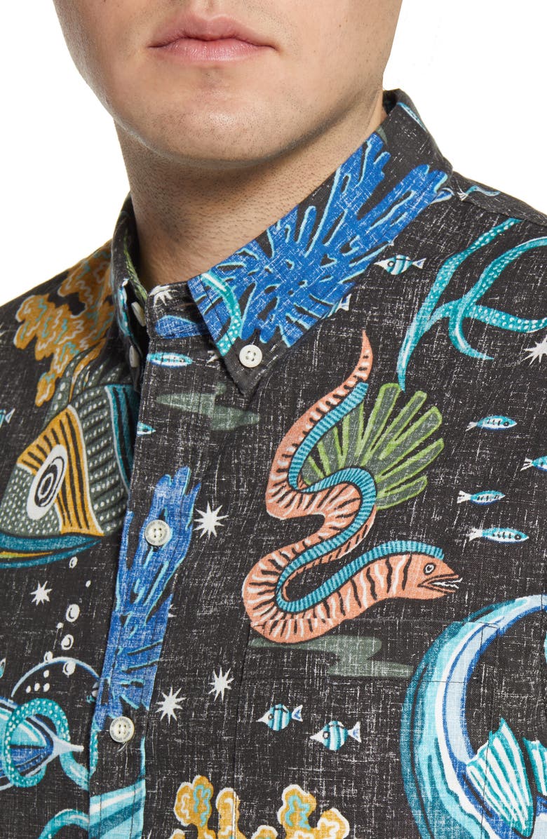 Reyn Spooner Deep Sea Jive Print Short Sleeve Button-Down Shirt, Alternate, color, 