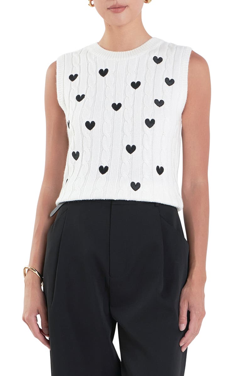 English Factory Heart Embroidered Sleeveless Cable Sweater, Main, color,
