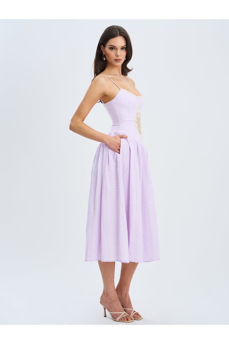 Jaclyn Lace Trim Cutout Seersucker Midi Dress, Alternate, color, Lavender
