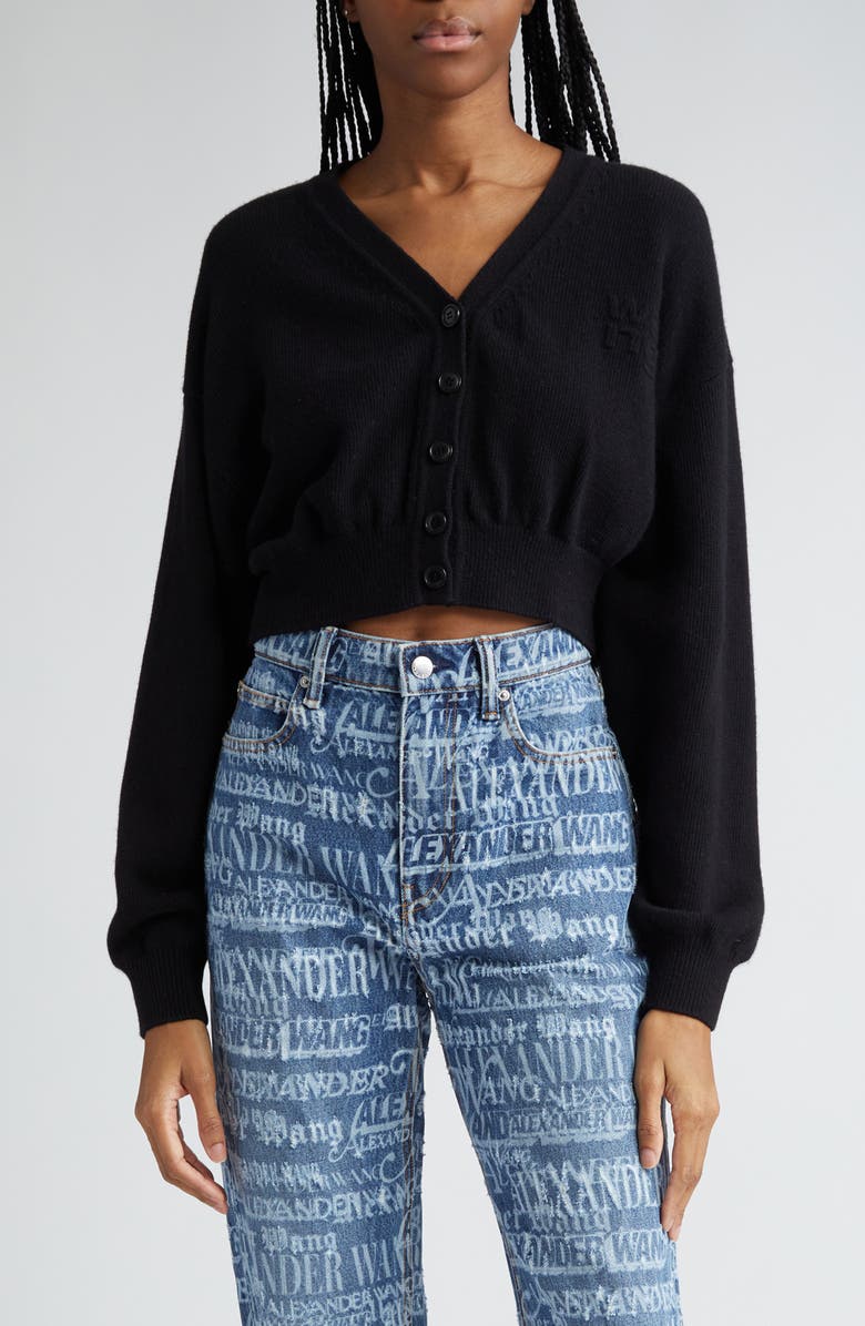 Alexander Wang Embossed Logo Crop Cotton & Wool Cardigan, Main, color, 