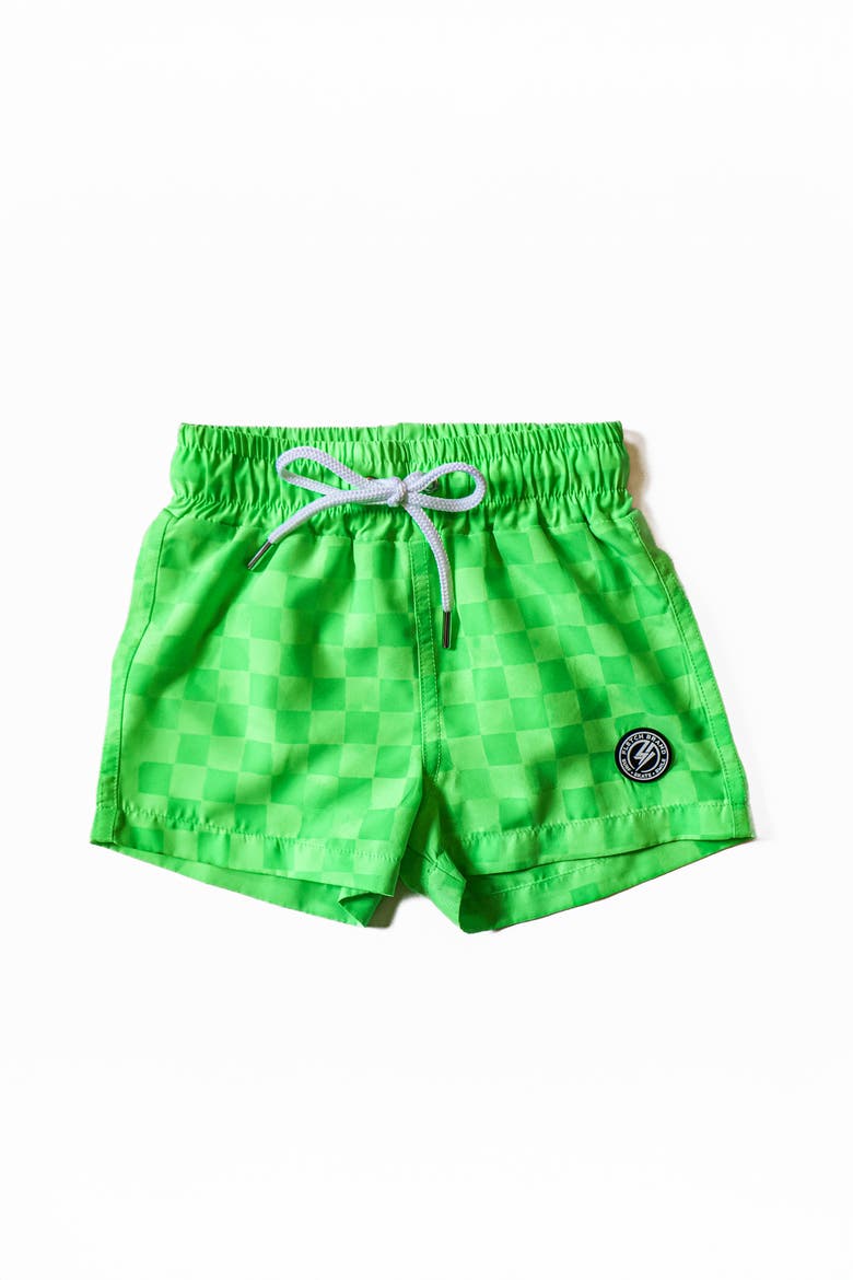 Neon Color Change Checker Swim Trunks, Main, color, Neon Green