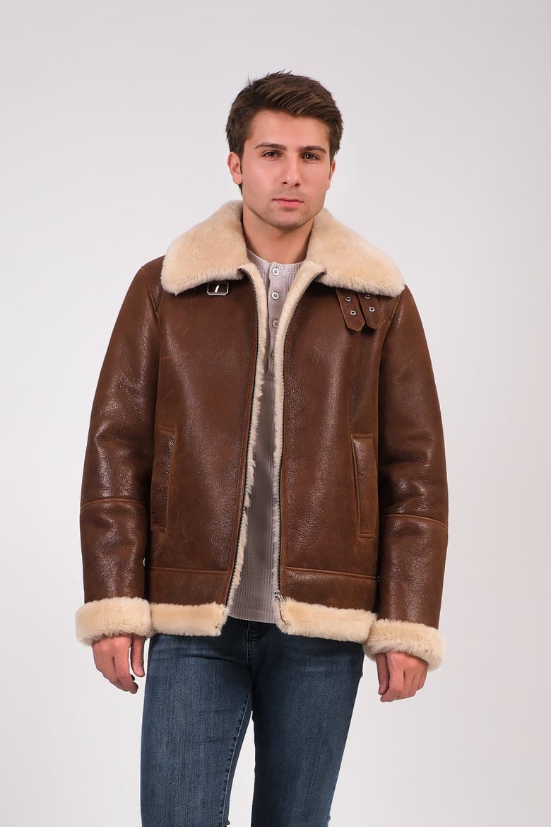 Rupert Textured Leather Shearling Aviator Jacket, Main, color, Brown