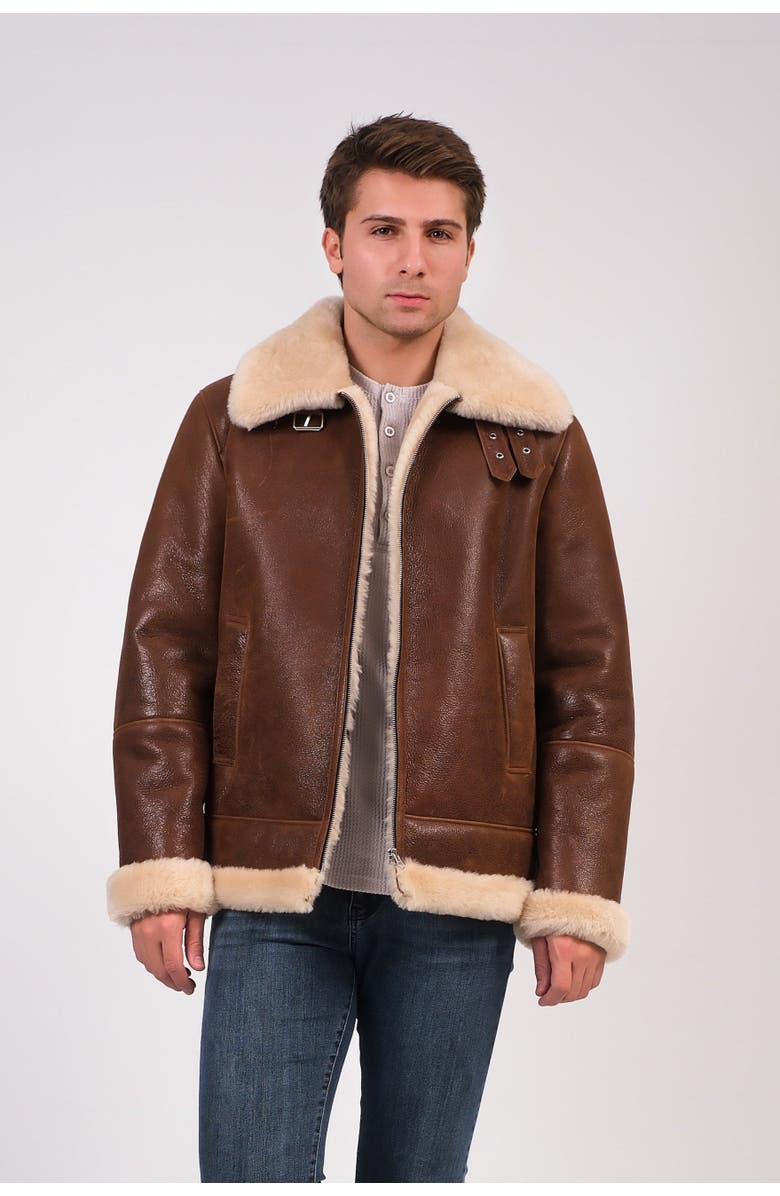 Furniq UK Rupert Textured Leather Shearling Aviator Jacket, Main, color, Brown