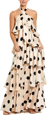 Mac Duggal Polka Dot Charmeuse Halter Tiered Ruffle Gown