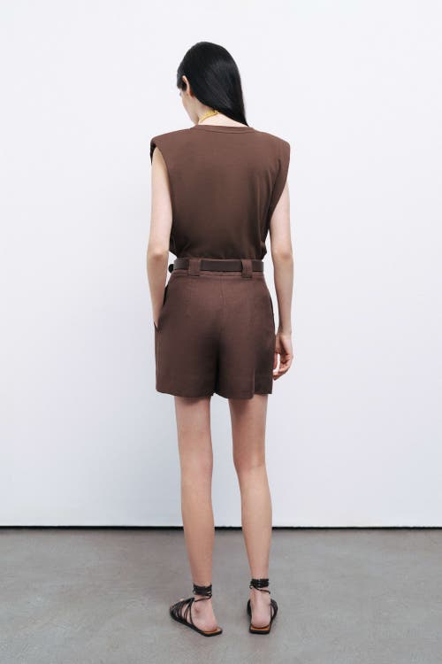 Nocturne Belted Linen Mini Shorts In Dark Brown
