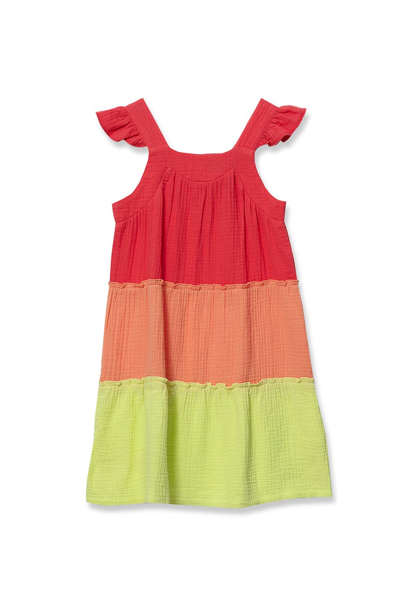 Lands' End Girls Woven Tiered Dress, Main, color, Fiery Coral Colorblock