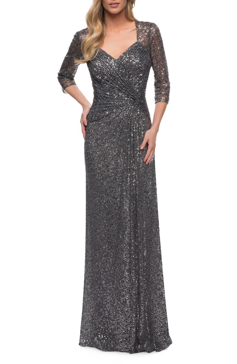 La Femme Ruched Twist Column Gown In Navy Size 10