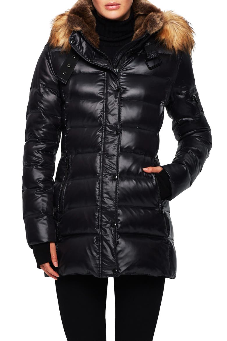 Chelsea Water Repellent Puffer Coat with Faux Fur Trim, Main, color, JET/ NATURA