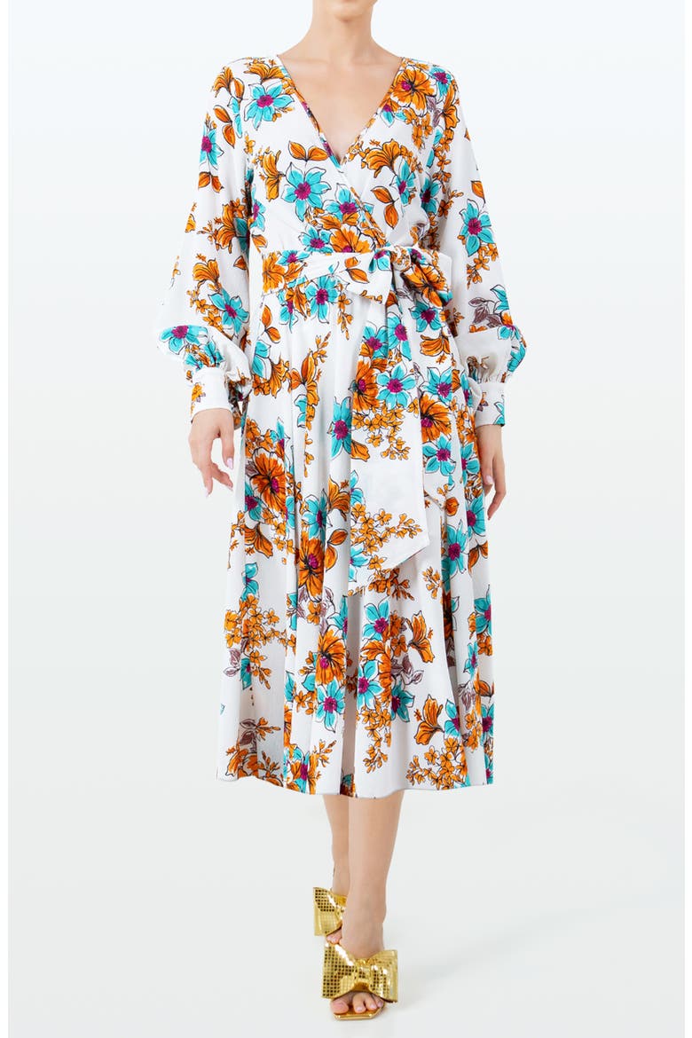 Lilypad Surplice Long Sleeve Wrap Midi Dress, Main, color, BEGONIA IVORY