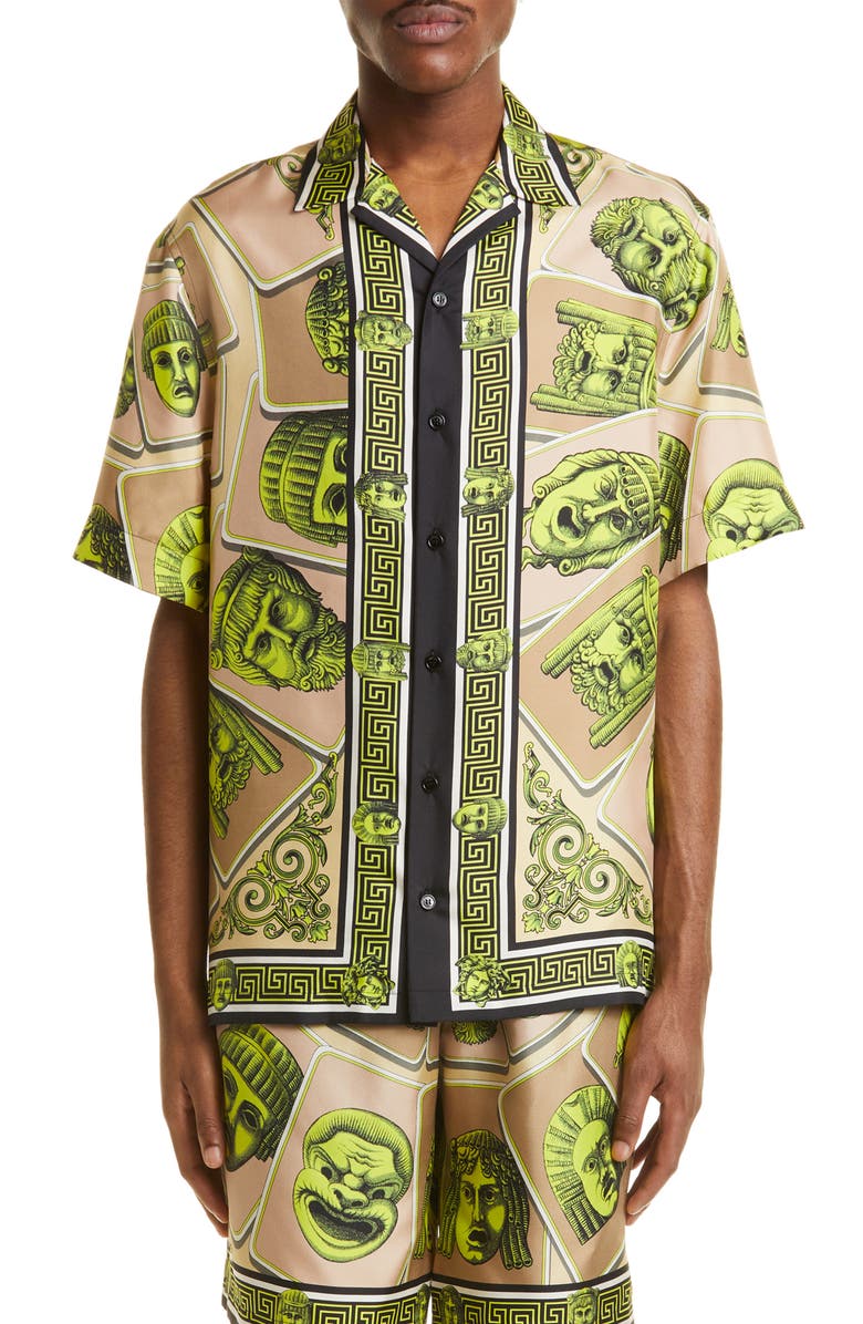 Versace Masks Print Short Sleeve Silk Camp Shirt, Main, color, 
