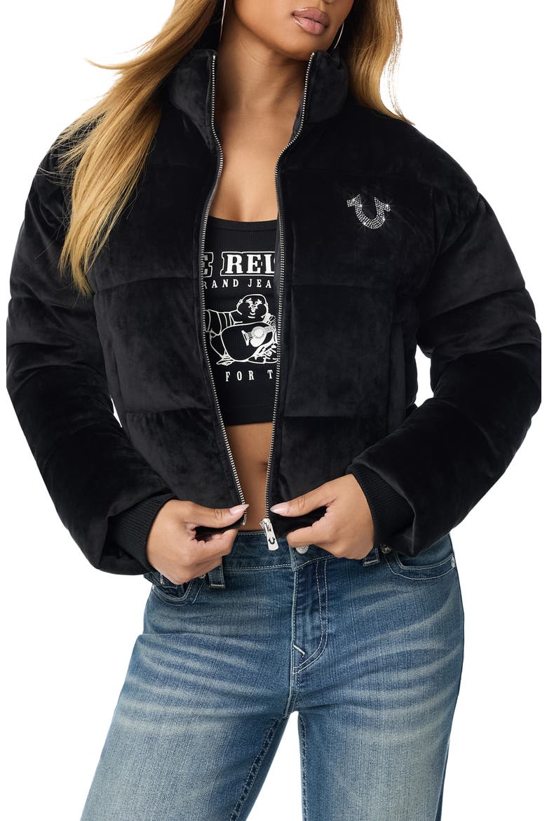Crystal Velvet Puffer Jacket, Main, color, JET BLACK