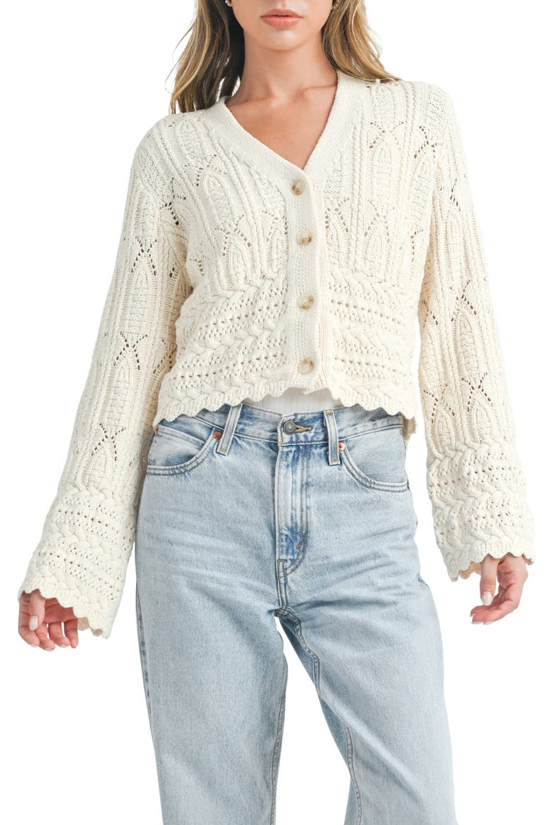Mixed Stitch Scallop Hem Cotton Cardigan, Main, color, CREAM