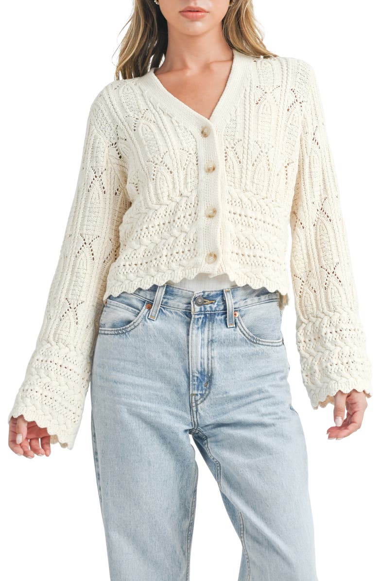 All in Favor Mixed Stitch Scallop Hem Cotton Cardigan, Main, color, Cream