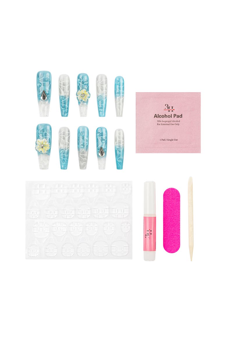 Paradise Flower Luxury Handmade Press On Nails, Alternate, color, Cyan