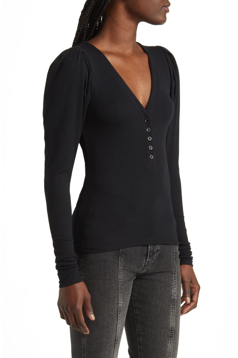 Puff Shoulder Rib Henley, Alternate, color, BLACK