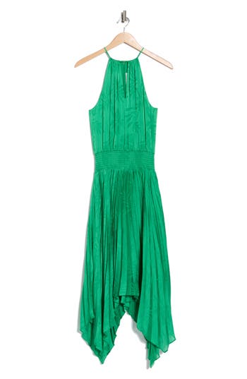 Ramy Brook Gia Palm Print Metallic Satin Jacquard Handkerchief Hem Dress In Green