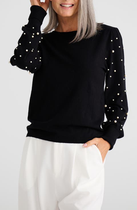 Dominica Faux Pearl Sleeve Knit Top