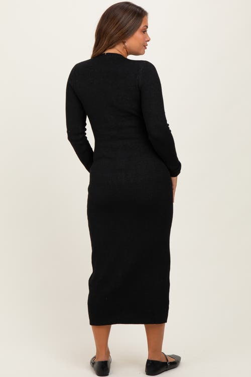 Pinkblush Ribbed Knit Button Down Long Sleeve Midi Dress In Black