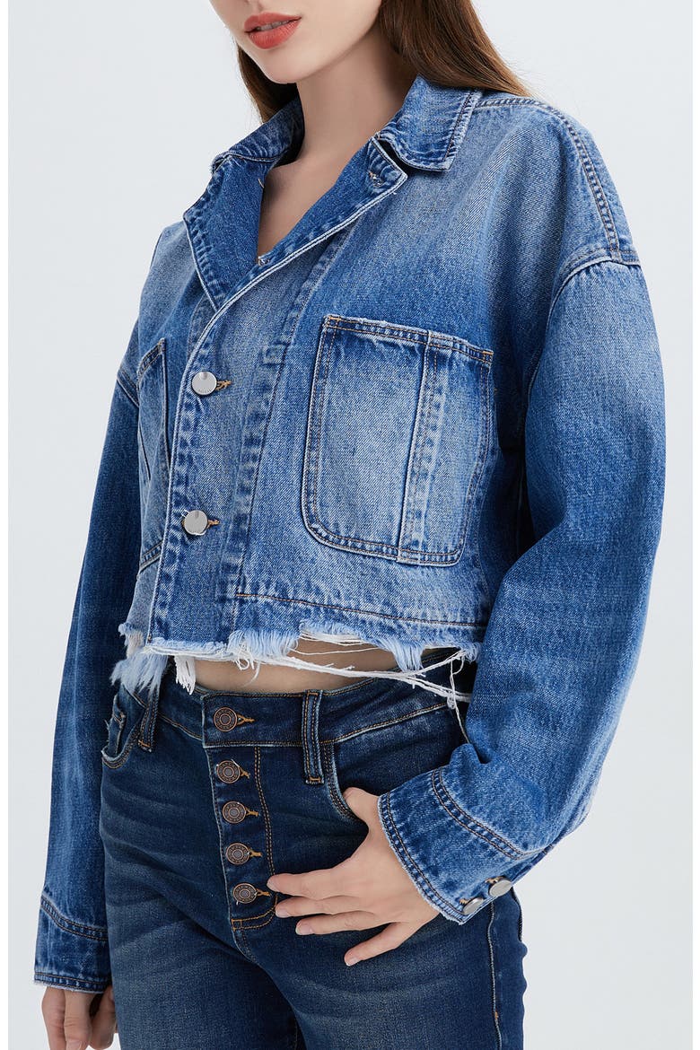 Frayed Crop Denim Jacket, Alternate, color, MEDIUM BLUE