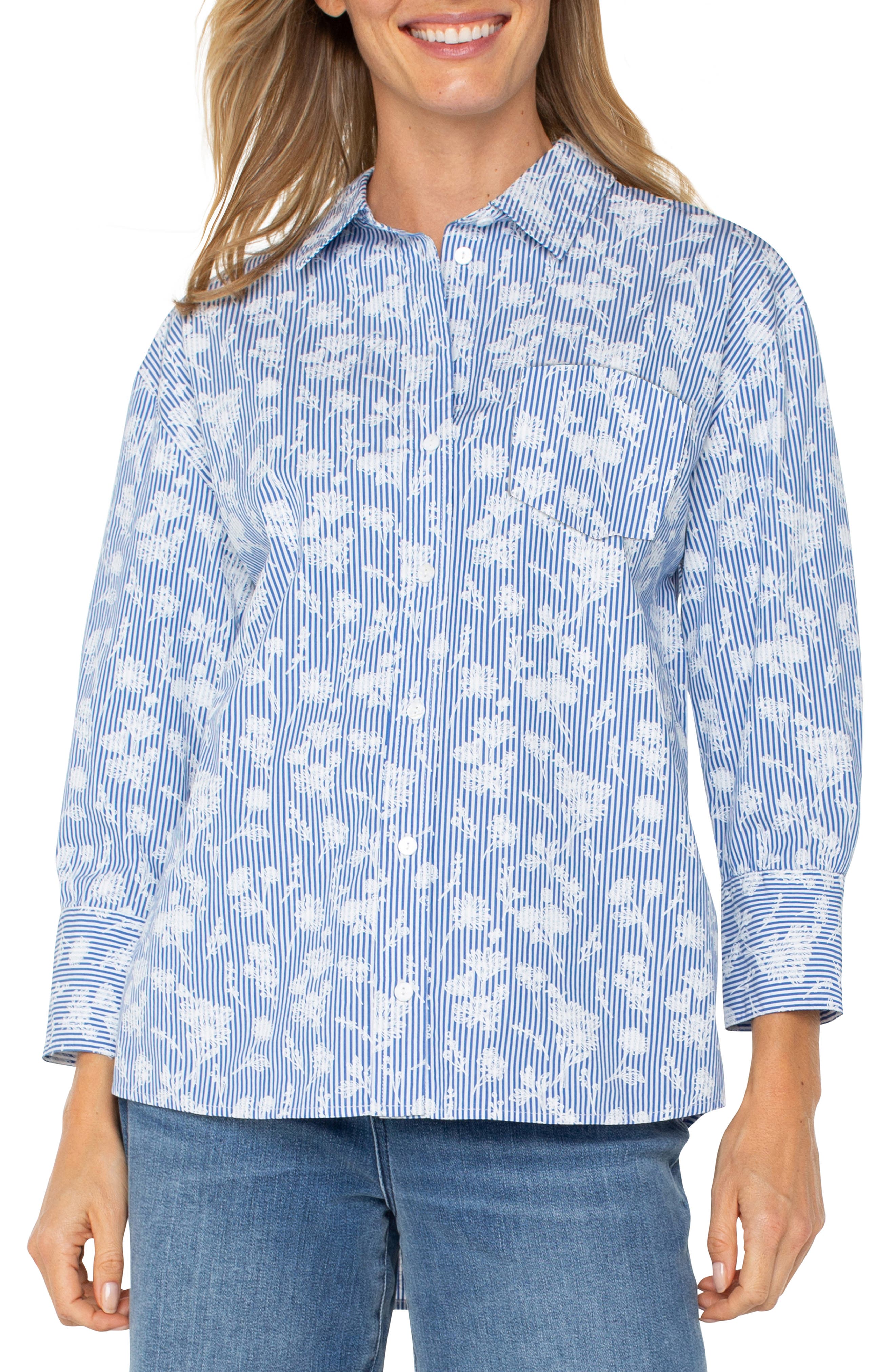 Liverpool Los Angeles Floral Stripe Cotton Poplin Button Up Shirt