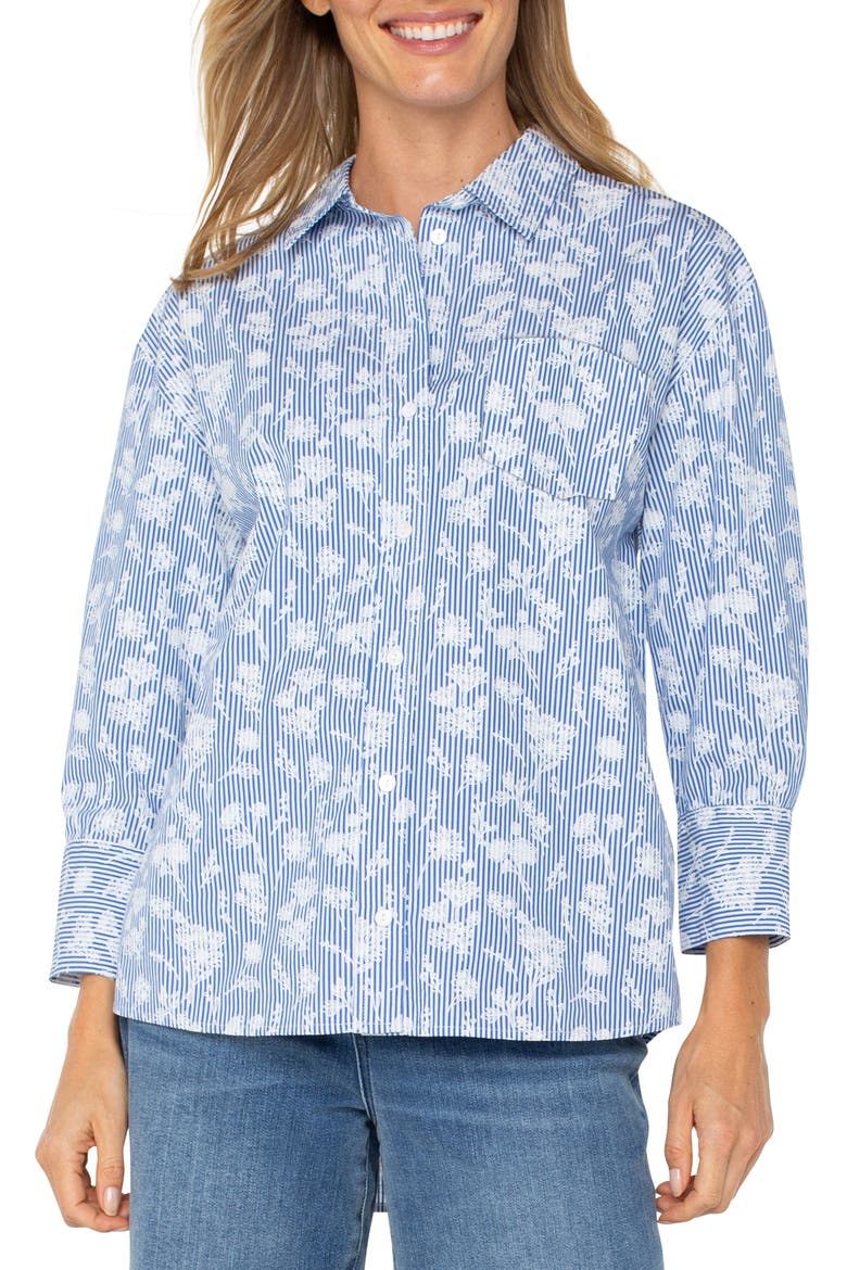 Floral Stripe Cotton Poplin Button Up Shirt, Main, color, BLUE WHITE FLORAL STRIPE