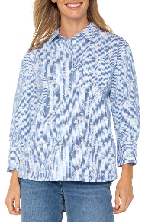 Floral Stripe Cotton Poplin Button Up Shirt