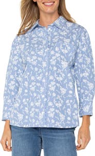 Liverpool Los Angeles Floral Stripe Cotton Poplin Button Up Shirt
