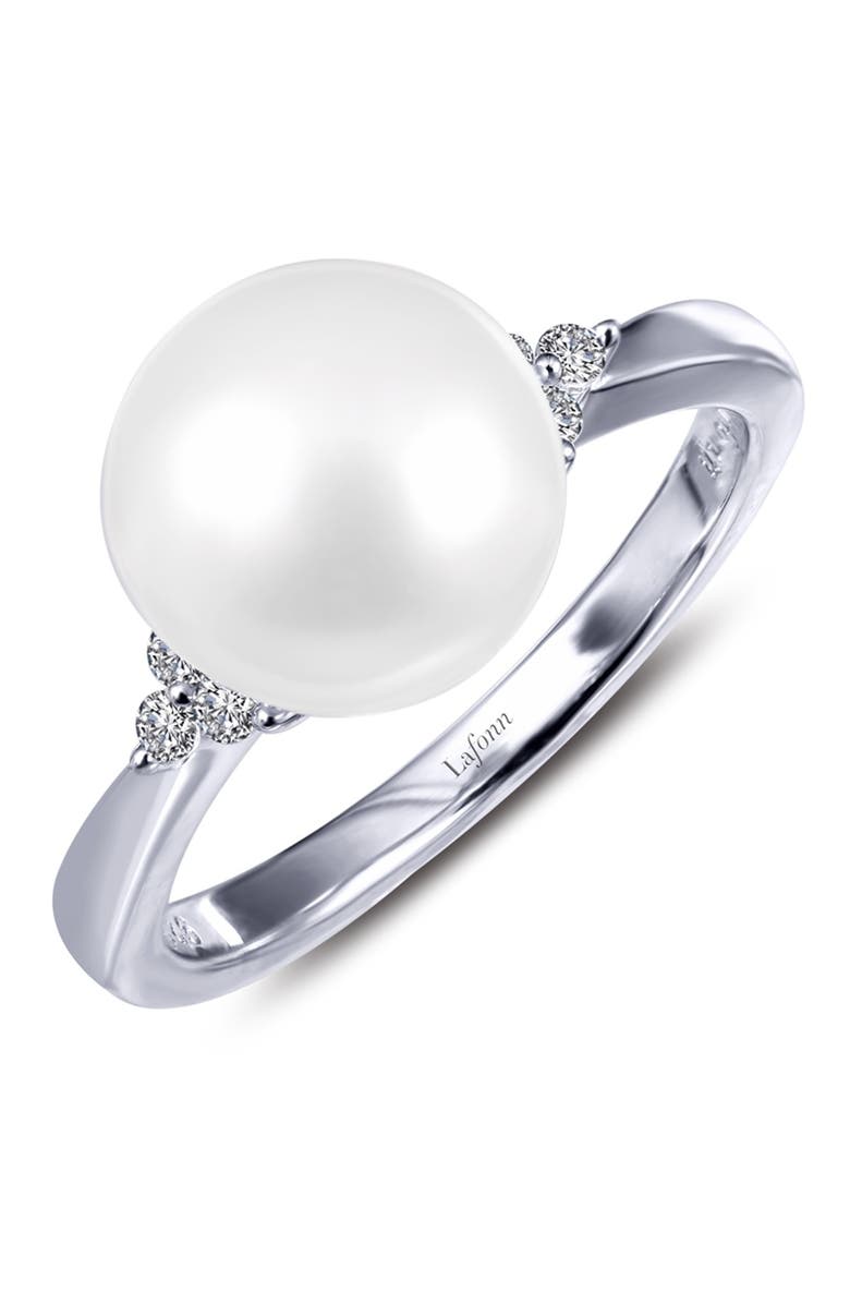 Lafonn Platinum Plated Sterling Silver Simulated Diamond & 7.95mm Freshwater Pearl Ring, Main, color, 