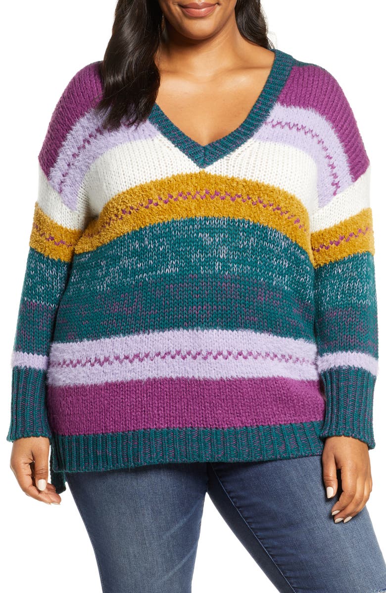 Caslon<sup>®</sup> Mixed Stripe V-neck Pullover, Main, color, 