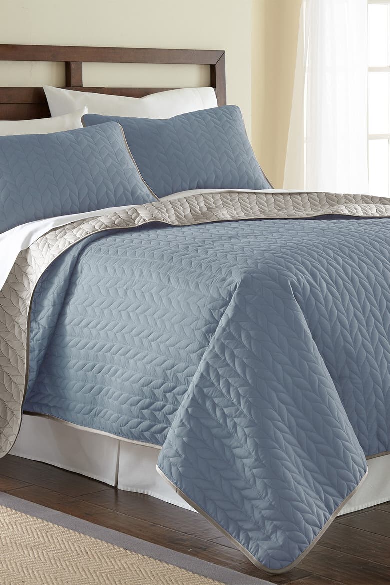 3-Piece Queen Solid Reversible Coverlet Set - Denim/Silver, Alternate, color, DENIM/SILVER