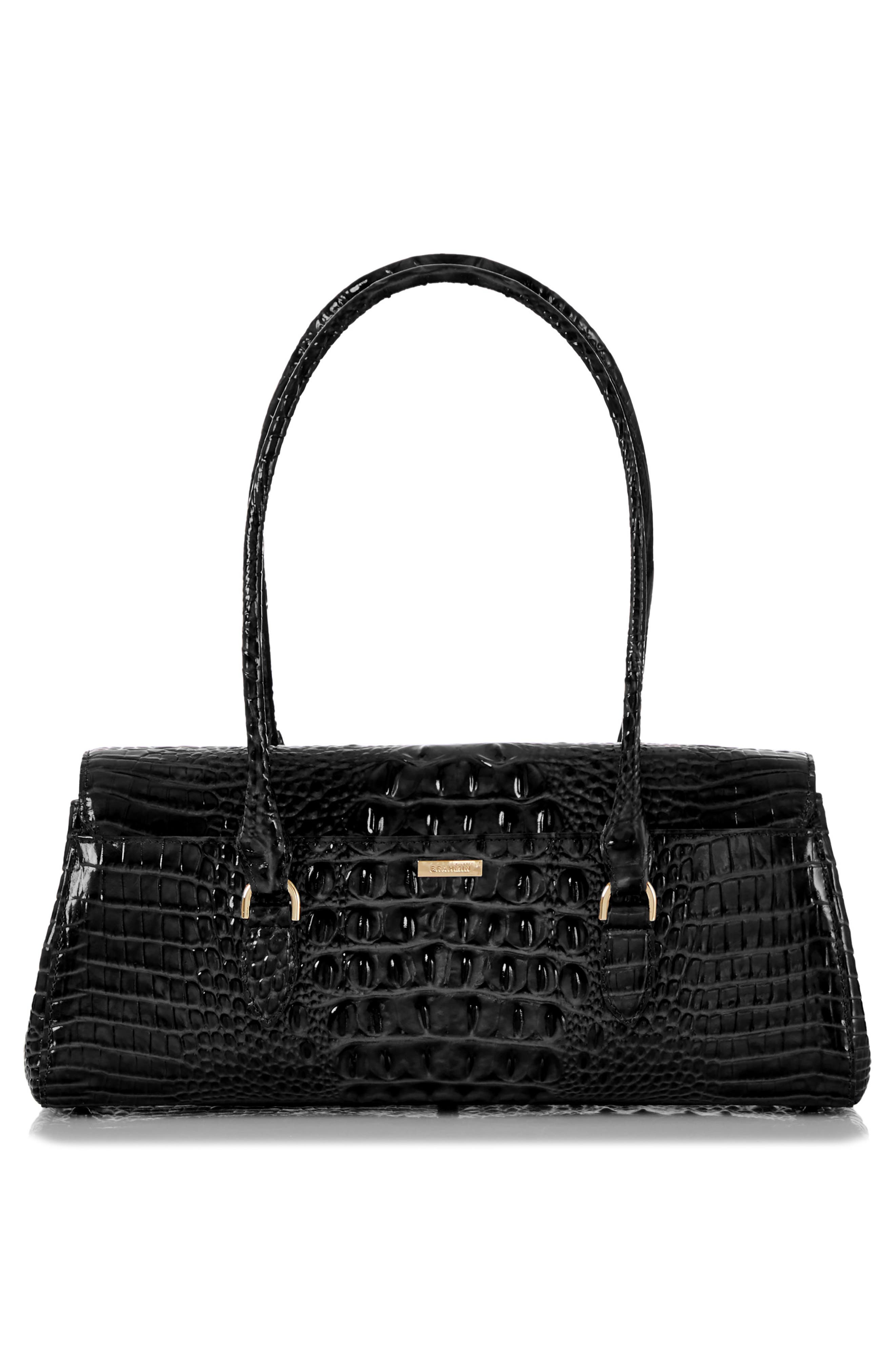 Brahmin Dayan Croc Embossed Leather Satchel, Alternate, color, Black