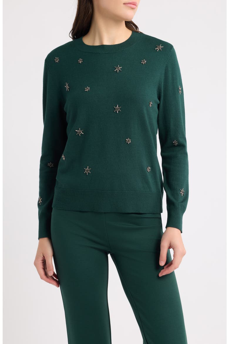 Star Embellished Crewneck Sweater, Main, color, PINE FOREST