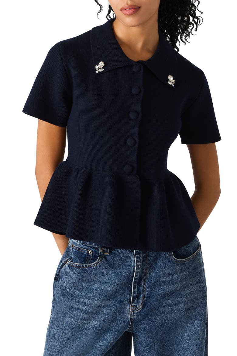 Roxanna Jewel Embellished Peplum Knit Top, Main, color, MARINE