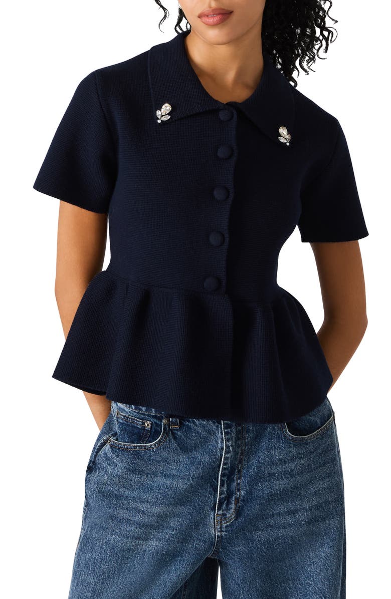 Steve Madden Roxanna Jewel Embellished Peplum Knit Top, Main, color, Marine