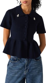 Steve Madden Roxanna Jewel Embellished Peplum Knit Top