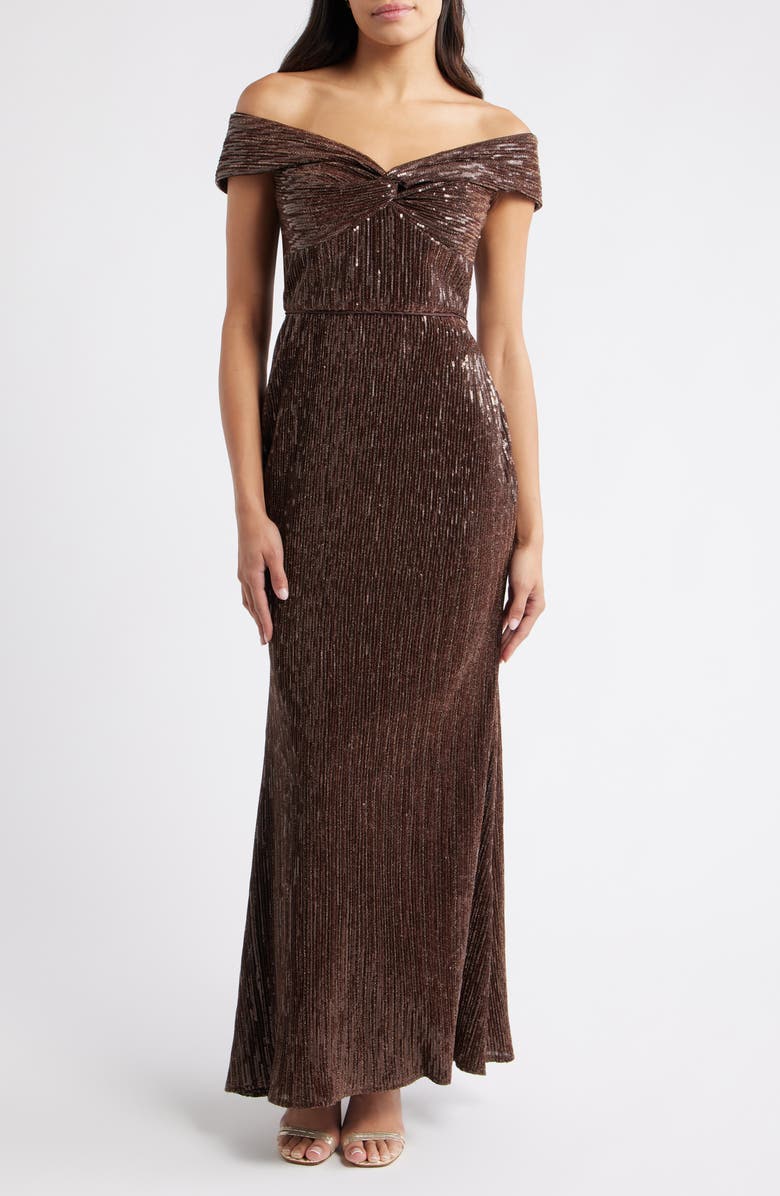 Eliza J Sequin Twist Off the Shoulder Gown, Main, color, Chocolate