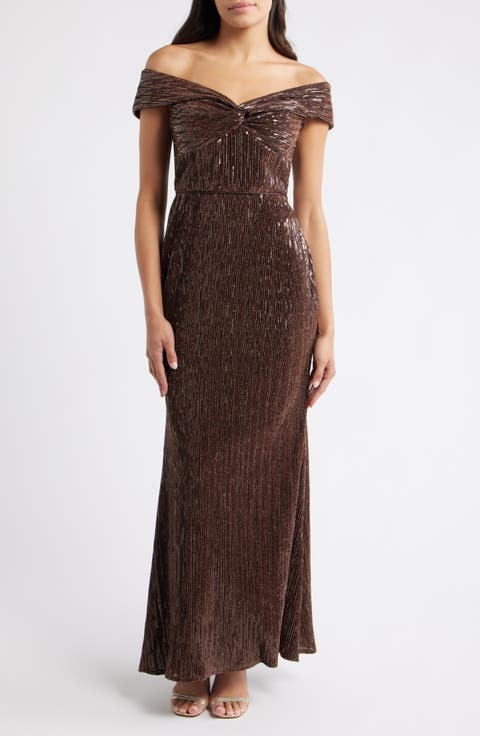 Sequin Twist Off the Shoulder Gown