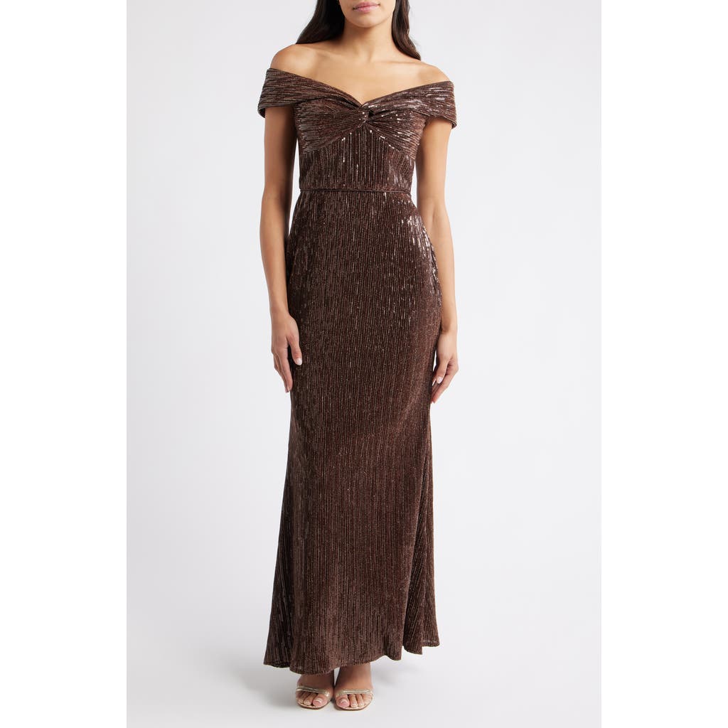 Eliza J Sequin Twist Off The Shoulder Gown In Brown