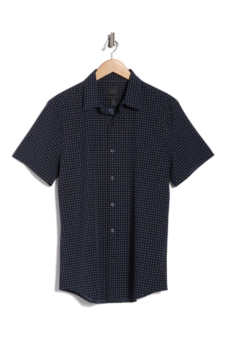 Geometric Print Short Sleeve Performance Button-Up Shirt, Alternate, color, NAVY MORI GEOMETRIC