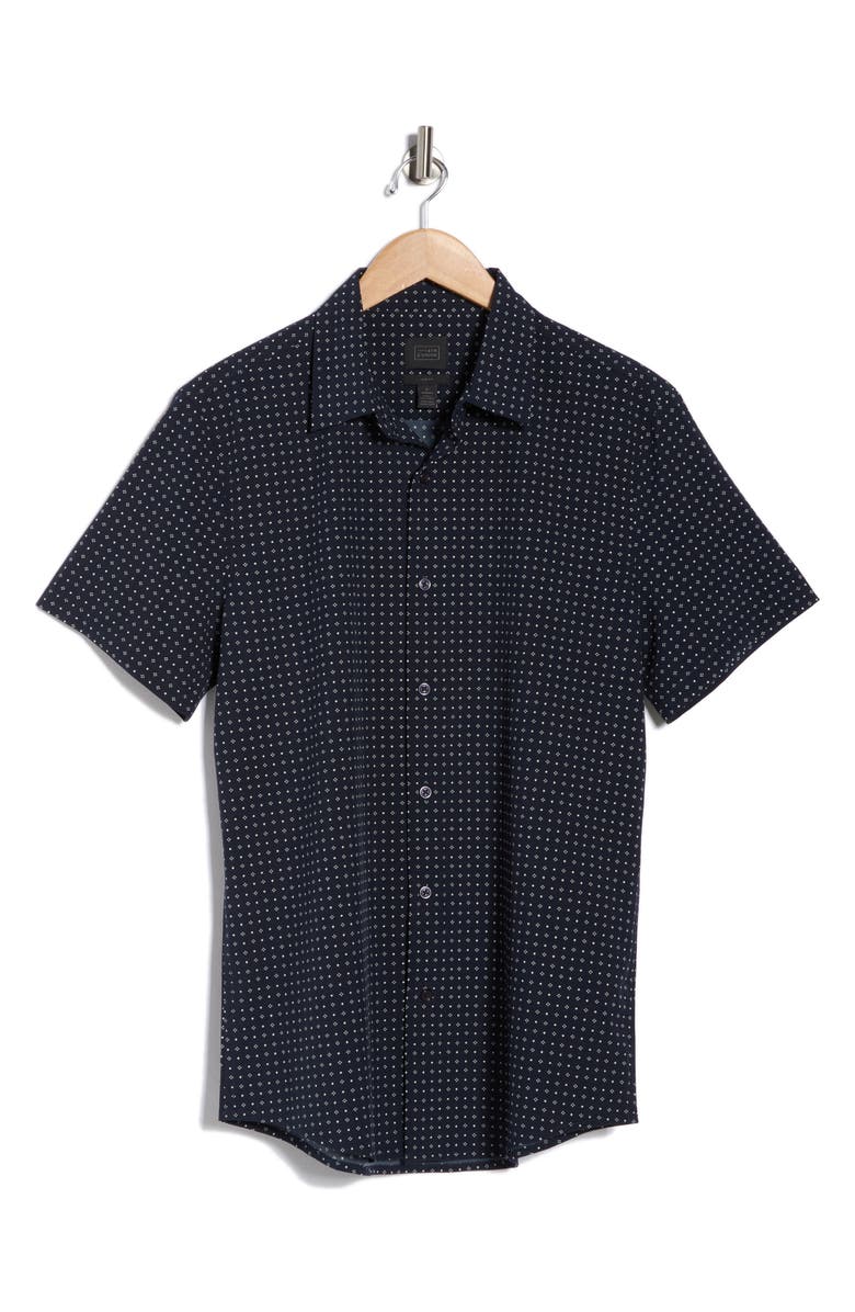 14th & Union Geometric Print Short Sleeve Performance Button-Up Shirt, Alternate, color, Navy Mori Geometric