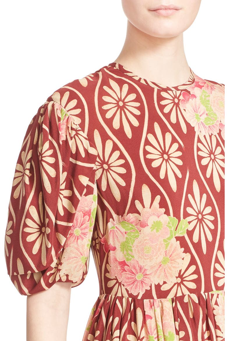 Floral Print Puff Sleeve Silk Dress, Alternate, color, WINE