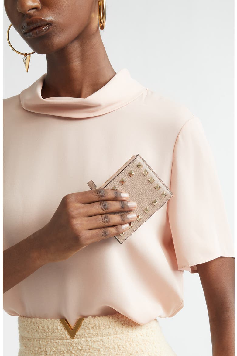 Rockstud Leather Coin Card Case, Alternate, color, POUDRE