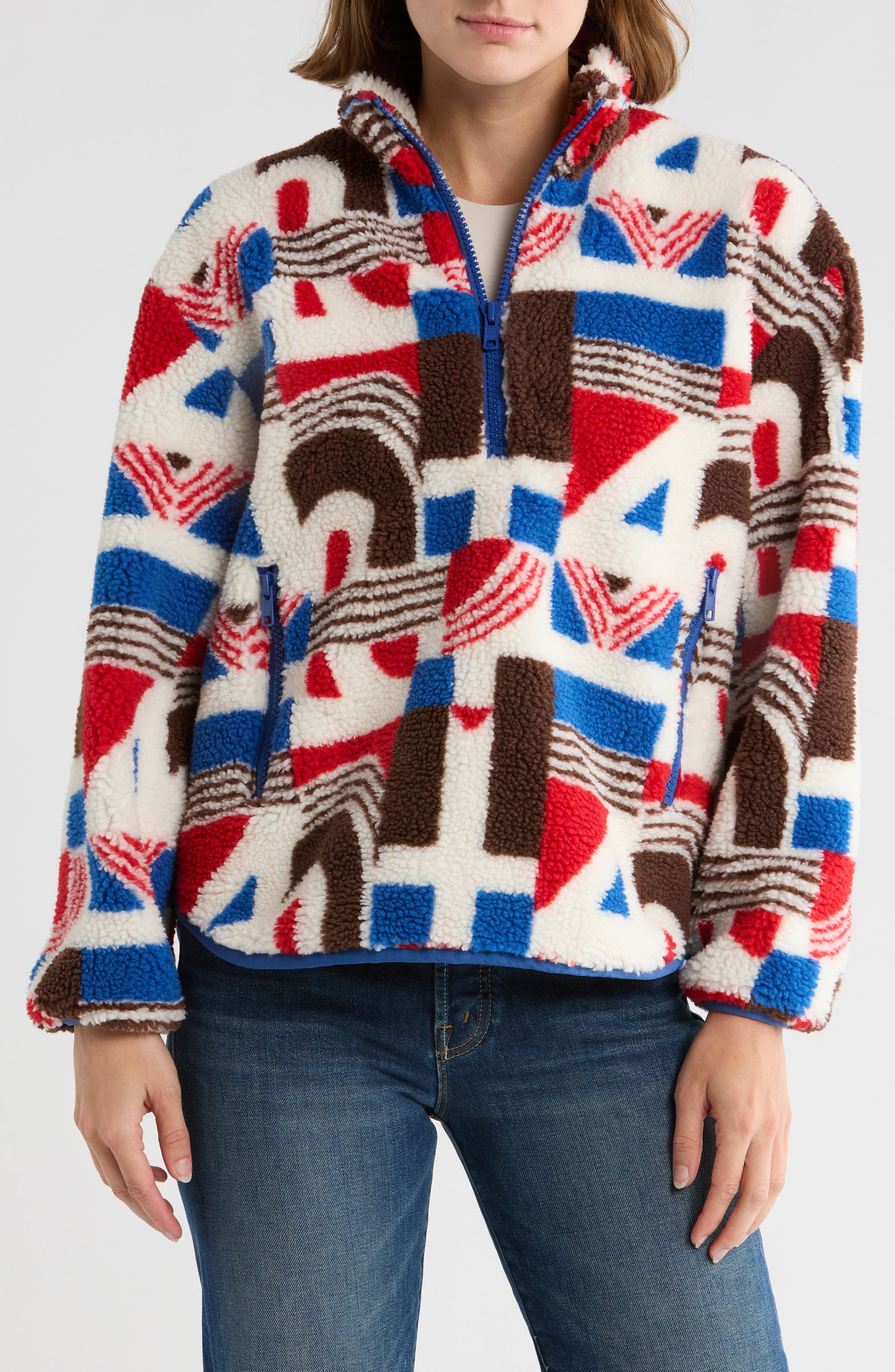 MOTHER Geometric Print Faux Shearling Half Zip Pullover