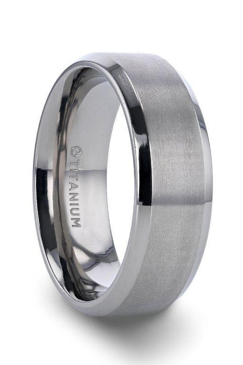 Shire Titanium Flat Wedding Ring Brushed Center With Polished Beveled Edges, Main, color, Silver 8mm