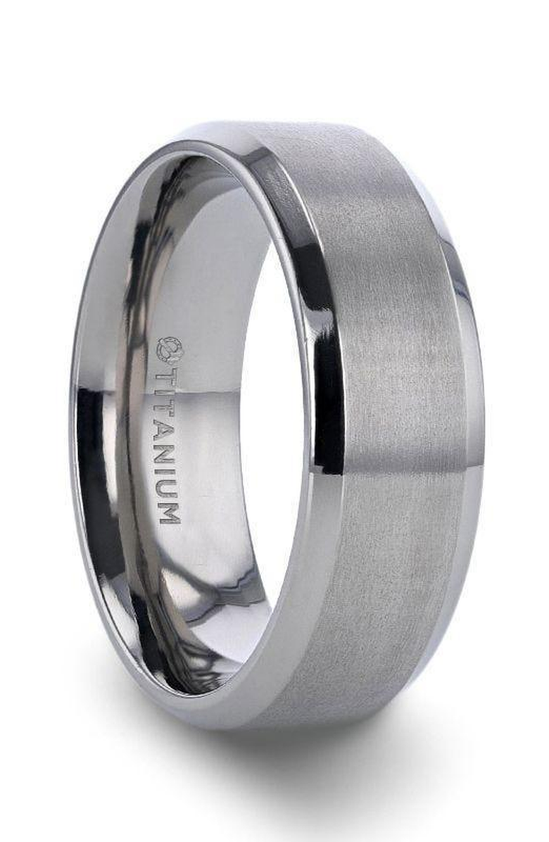 Larson Jewelers Shire Titanium Flat Wedding Ring Brushed Center With Polished Beveled Edges, Main, color, Silver 8Mm