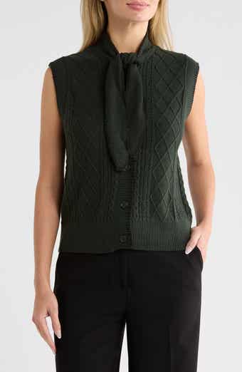 Tie Neck Sweater Vest with Whipstitch Detail