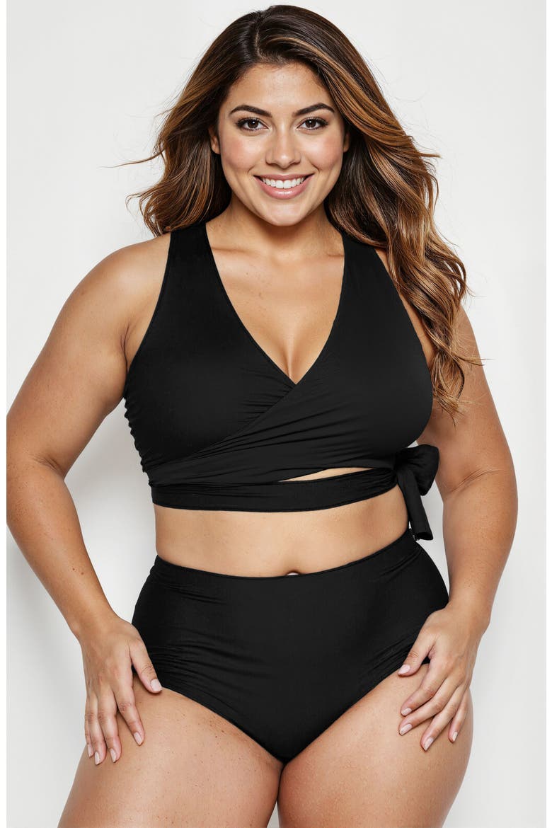 Plus Size Emery 2-Piece Wrap Style Swim Set With Reversible Top and High-Waisted Bottom, Main, color, Black