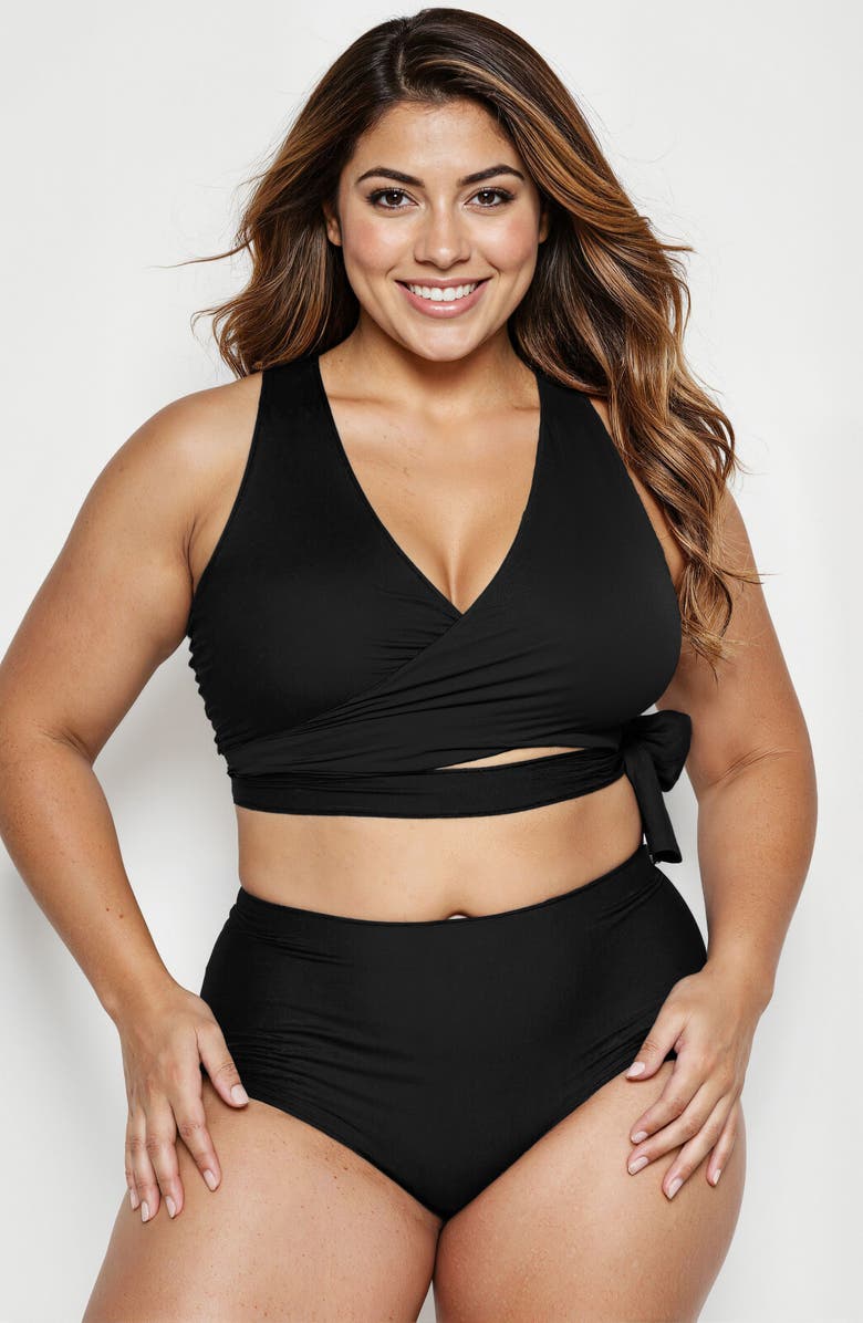 Calypsa Plus Size Emery 2-Piece Wrap Style Swim Set With Reversible Top and High-Waisted Bottom, Main, color, Black
