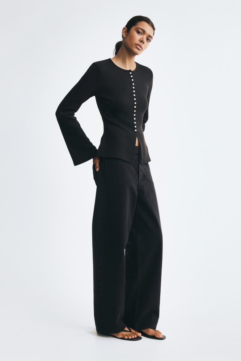 Fitted Rib-knit Cardigan, Alternate, color, Black